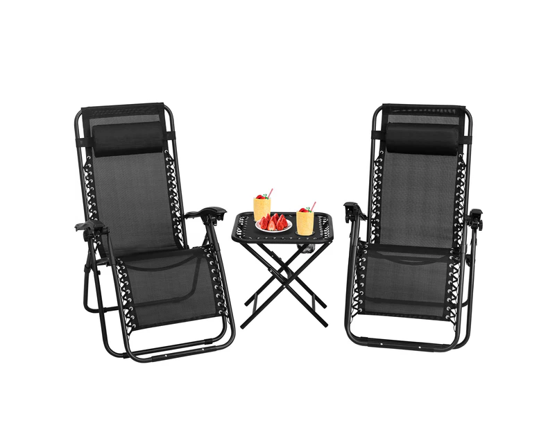 Costway 3PC Outdoor Furniture Textile Table Chairs Set Folding Table Dining Chairs Bistro Patio Garden Balcony Black
