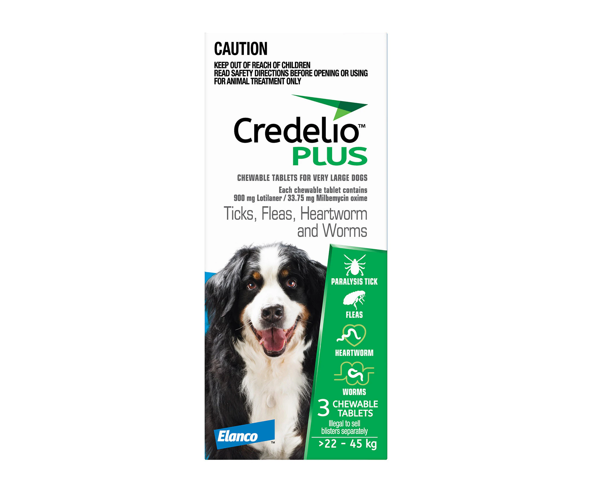 Credelio Ticks Fleas & Worms Treatment Chew Tabs for Dogs 22-45kg Blue 3 Pack