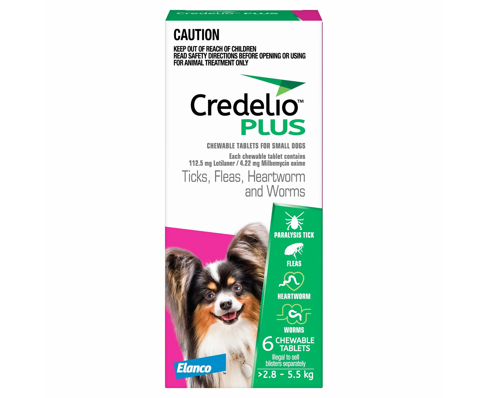 Credelio Ticks Fleas & Worms Treatment Chew Tabs for Dogs 2.8-5.5kg Pink 6 Pack