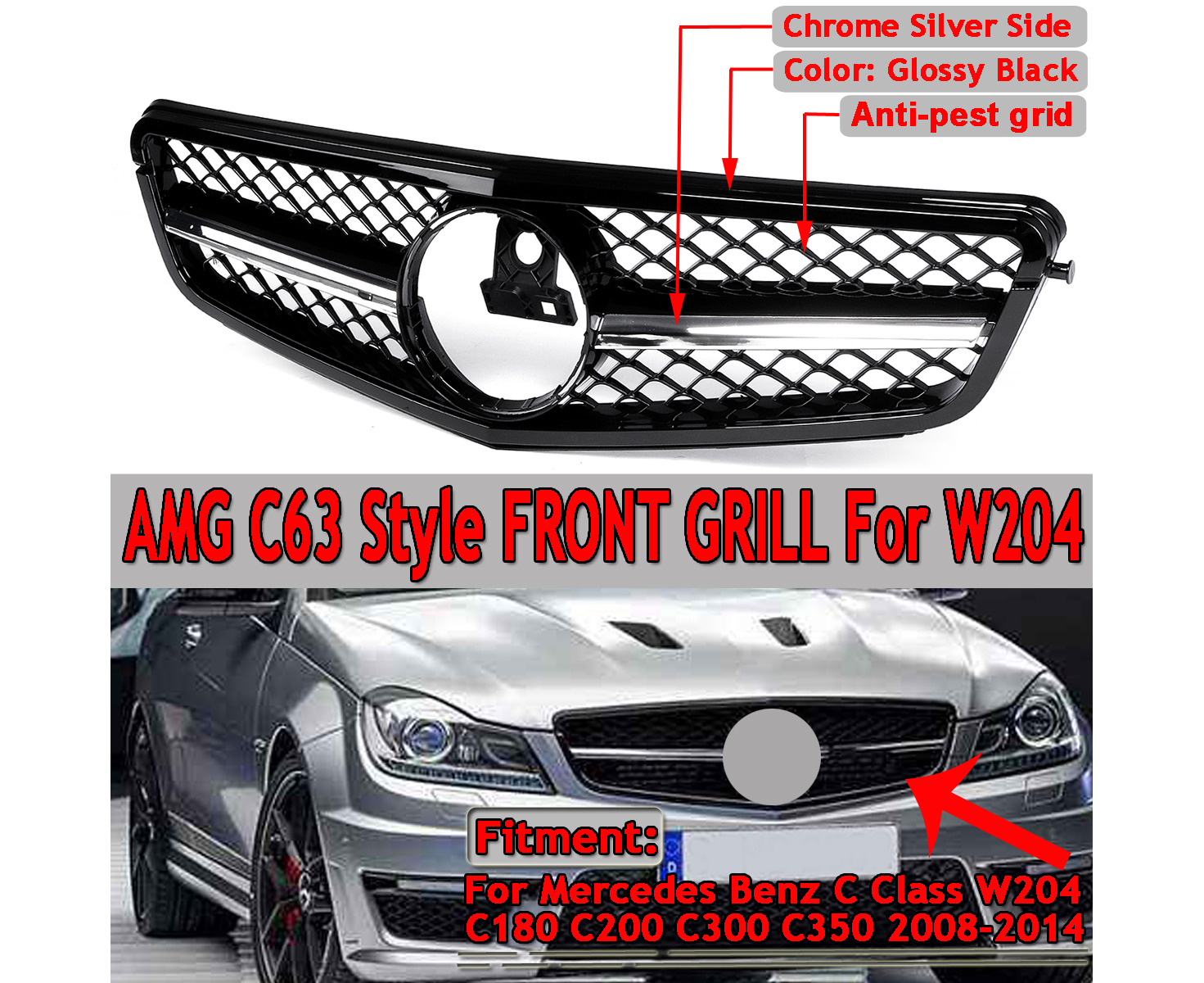 AMG Style Front Grille Compatible for 2008-2014 C-Class C200 C300 C250 C350 Chrome Diamond W204 Grill Not Fit C63 
