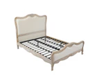 Queen Bed Frame Linen Fabric Beige Oak Wood White Washed Finish Mattress Support