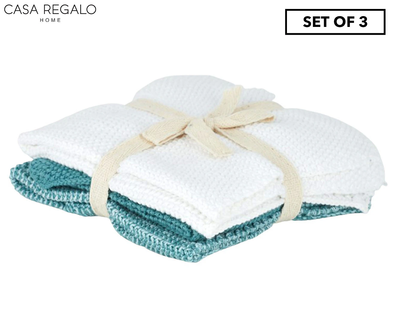 3pc Casa Regalo 100% Cotton Ultra Soft Bathe Cloths/Hand Towel Green/White