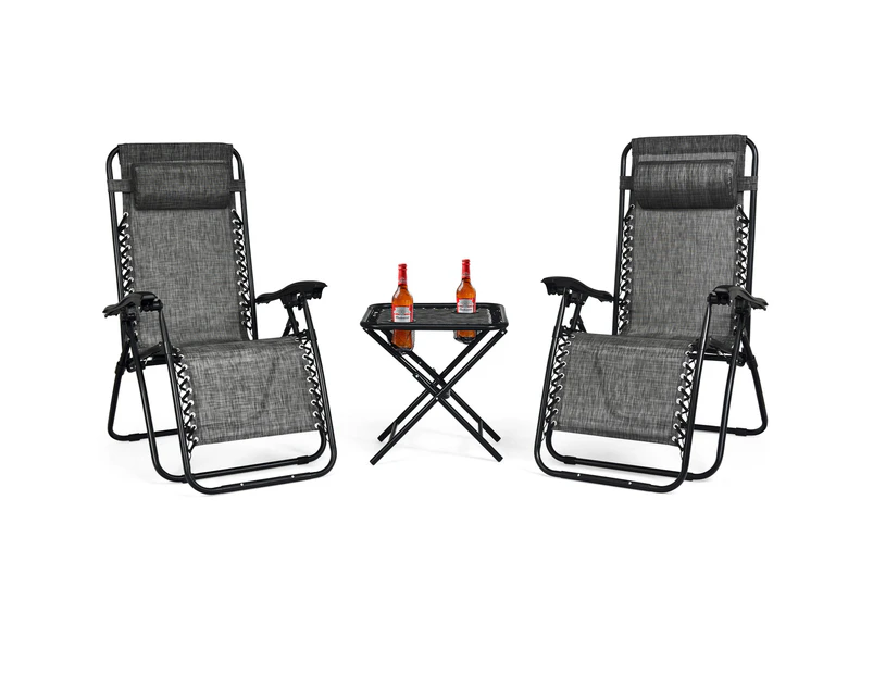 Costway 3PC Outdoor Furniture Textile Table Chairs Set Folding Table Dining Chairs Bistro Patio Garden Balcony Grey