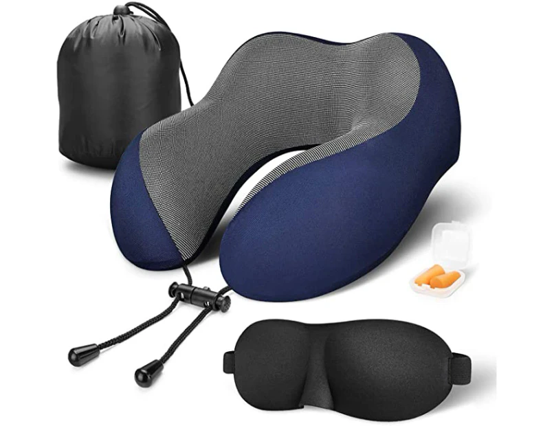 Travel Pillow Memory Foam Neck Pillow Airplane Travel Kit with 3D Sleep Mask Earplugs, Navy