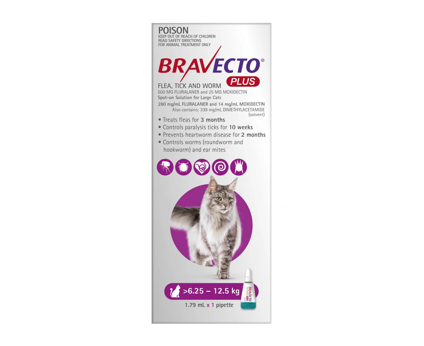 Bravecto PLUS Spot-On 3 month Flea, Tick & Worm Protection - For Cats 6.25-12.5kg