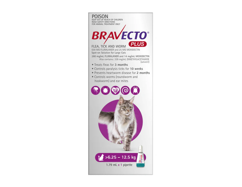 Bravecto PLUS Spot-On 3 month Flea, Tick & Worm Protection - For Cats 6.25-12.5kg