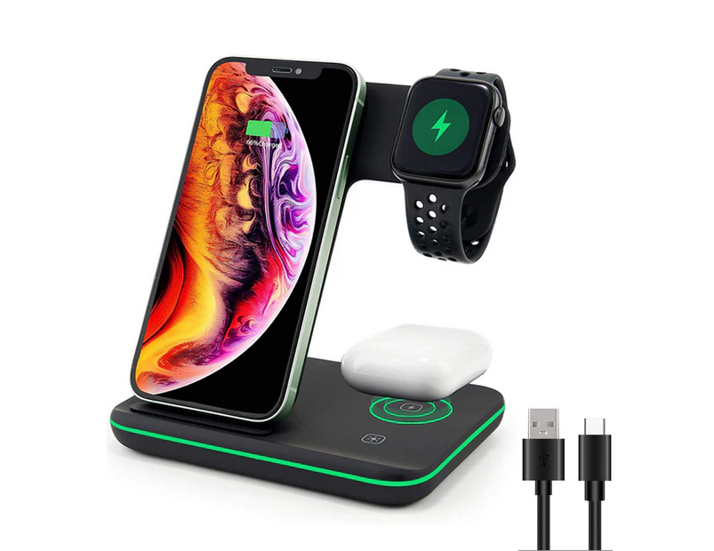 15W 3 in 1 Qi Wireless Charger Stand Charge Dock Station-Black