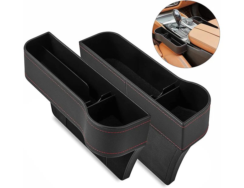 2 Pack Multifunctional Car Seat Gap Filler Organizer - Black with Red  Stitch