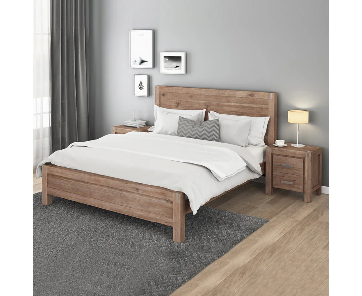 3 Pieces Bedroom Suite in Solid Wood Veneered Acacia Construction Timber Slat King Size Oak Colour Bed, Bedside Table