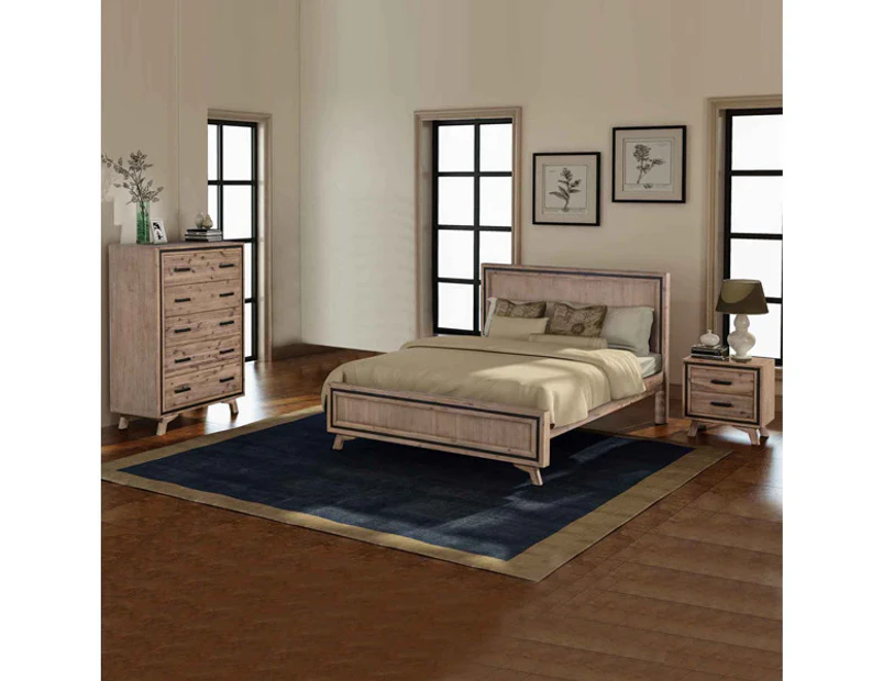 4 Pieces Bedroom Suite Queen Size Silver Brush in Acacia Wood Construction Bed, Bedside Table & Tallboy