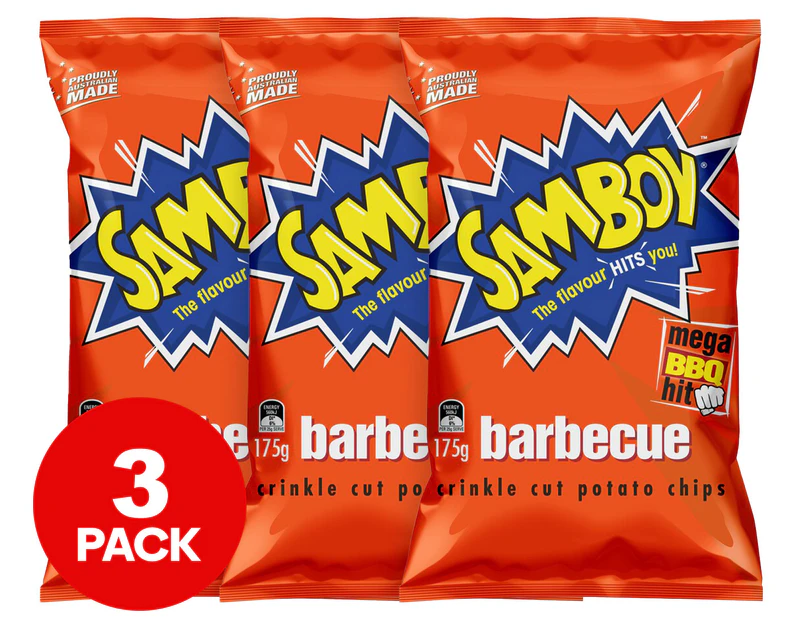 3 x Samboy Crinkle Cut Potato Chips Share Pack Barbecue 175g