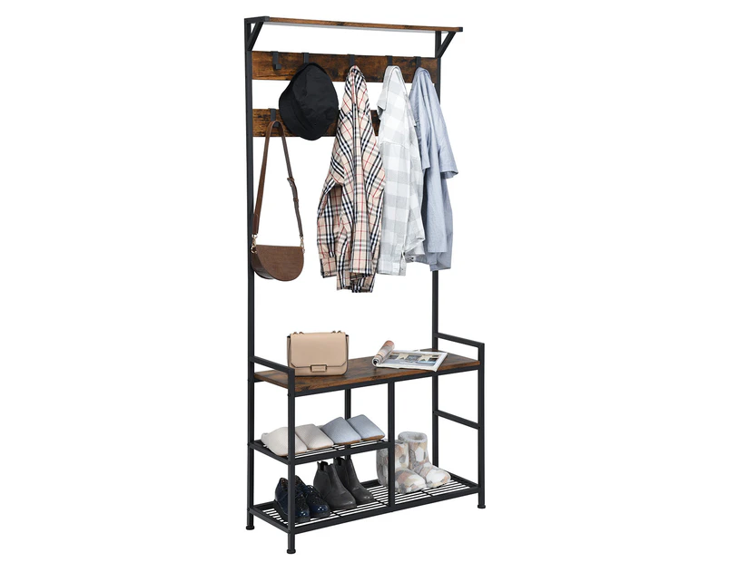 Giantex 3-In-1 Hall Tree Coat Rack Clothes Rack Stand w/Storage Shelf & Hanging Hooks for Entryway,Rustic Brown