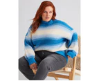 Beme Long Sleeve Mock Neck Ombre Knitwear Jumper - Womens - Plus Size Curvy - Blues
