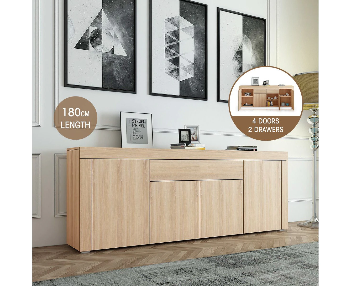 180cm Corner Cabinet Sideboard 4 Doors 1 Drawer-Oak