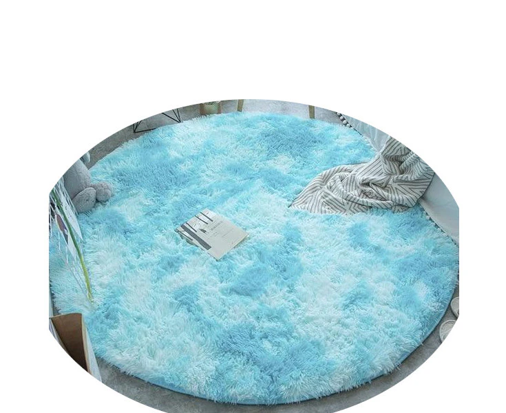 Blue Fluffy Faux Fur Round Rug Kids Room Plush Shaggy Rugs - Light Blue