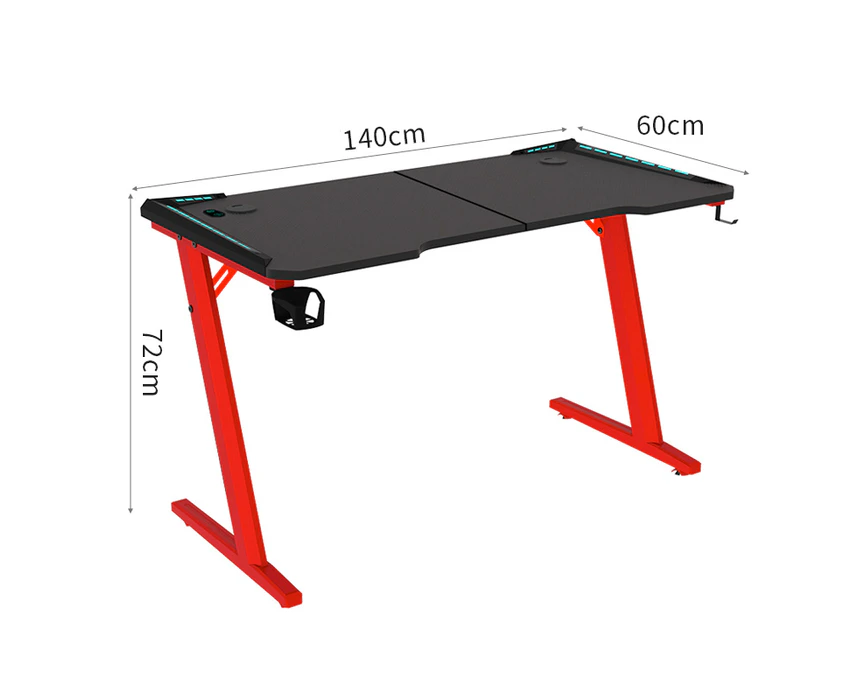 Odyssey8 Dual Panel 1.4m Gaming Desk Office Table Desktop with LED Light & Effects - Red