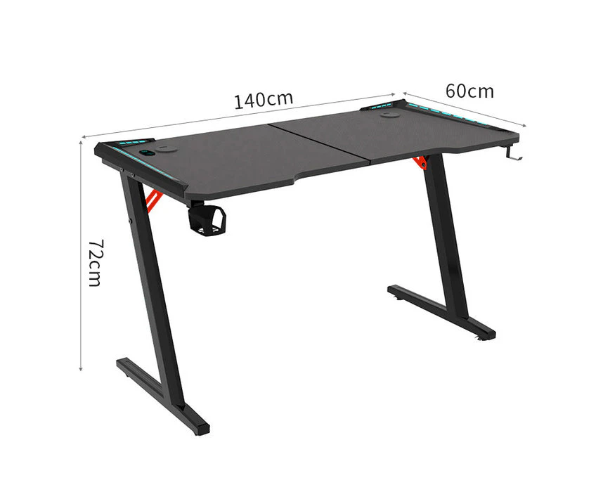 Odyssey8 Dual Panel 1.4m Gaming Desk Office Table Desktop with LED Light & Effects - Black