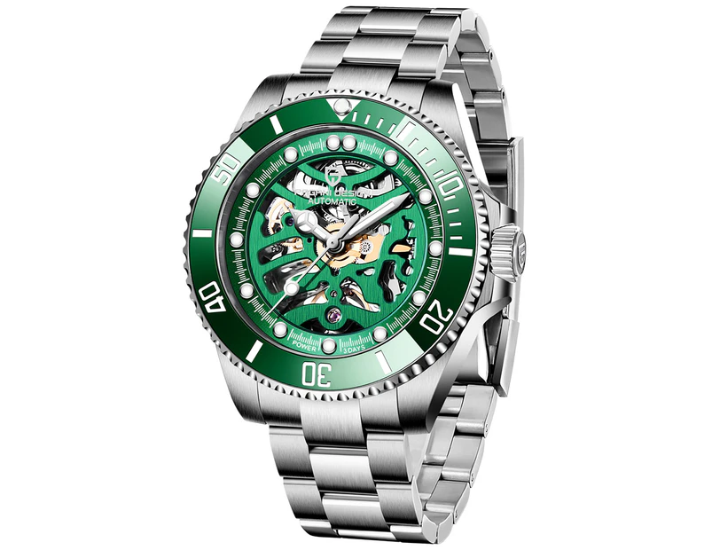 PAGANI Excellent Hollow Green Dial Stainless Steel Silver Automatic Mechanical Watch for Men