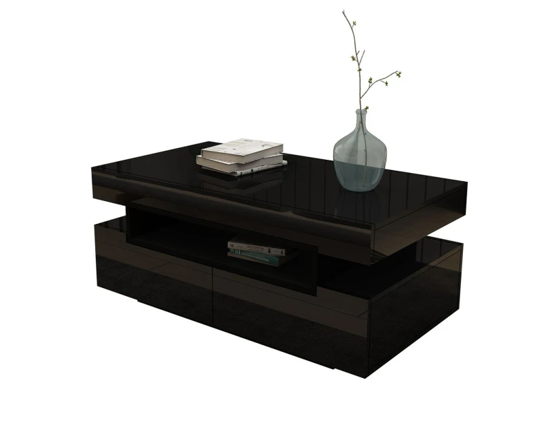 Modern Black Coffee Table 4-Drawer Storage Shelf High Gloss Wood Living Room Furniture