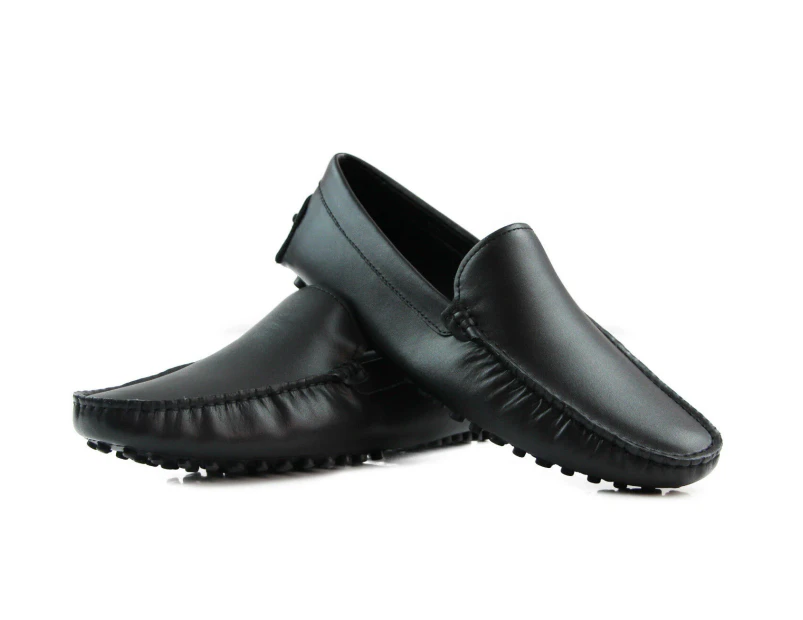 Mens Zasel Summer Leather Shoes Black Casual Slip On Boat Deck Loafers Leather - Black