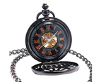 Men's Vintage Roman Numerals Dial Skeleton Mechanical Hollow Pocket Watch-Black