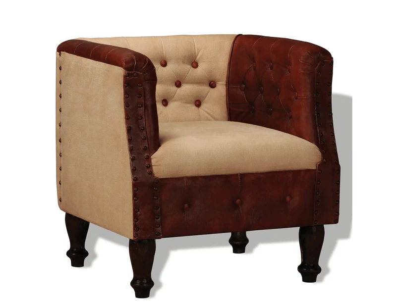 Armchair Brown and Beige Real Leather and Fabric