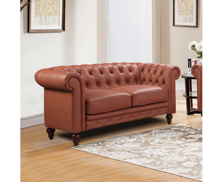 2 Seater Brown Sofa Lounge Chesterfield Style Button Tufted in Faux Leather