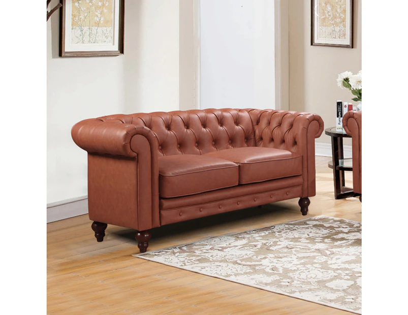 2 Seater Brown Sofa Lounge Chesterfireld Style Button Tufted in Faux Leather