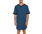 Men Pajamas Robes Night Gown Long Shirt Summer Short Sleeves Top Sleepwear Home Wear Clothes - Blue