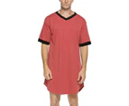 Men Pajamas Robes Night Gown Long Shirt Summer Short Sleeves Top Sleepwear Home Wear Clothes - Red