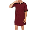 Men Pajamas Robes Night Gown Long Shirt Summer Short Sleeves Top Sleepwear Home Wear Clothes - Wine Red