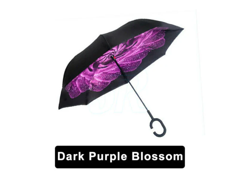 Windproof Upside Down Reverse Umbrella Double Layer Inside-Out Inverted C-Handle - Dark Purple Blossom