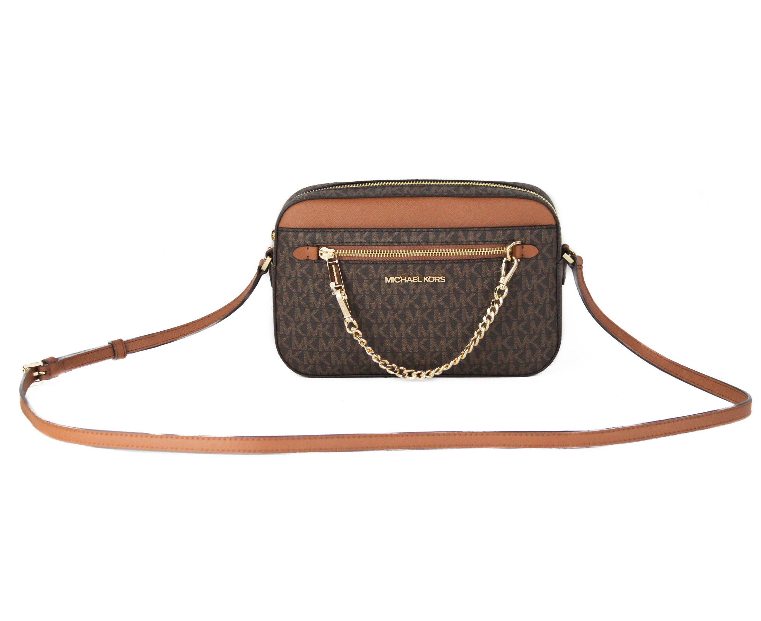 Michael Kors Jet Set Item Large East West Signature Leather Zip Chain  Crossbody Handbag (Brown PVC/Brown) 