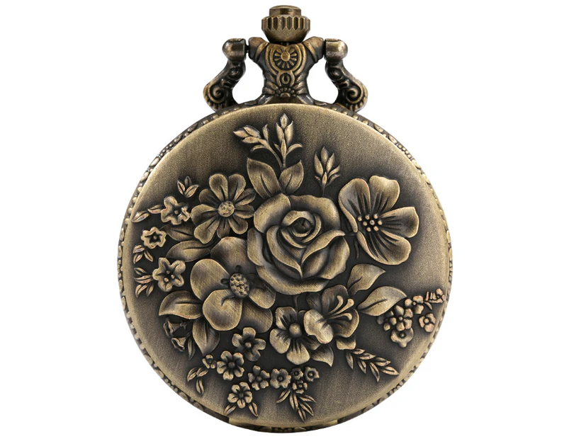 Exquisite Bronze Quartz Pocket Watch With Large Flower Cover Pattern for Men