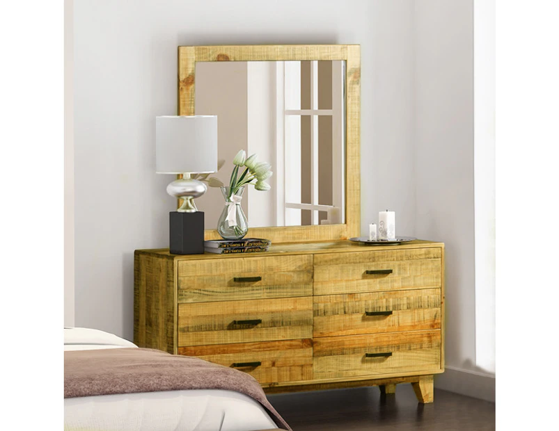 Dresser with 6 Storage Drawers in Solid Acacia With Mirror in Vintage Light Brown Colour