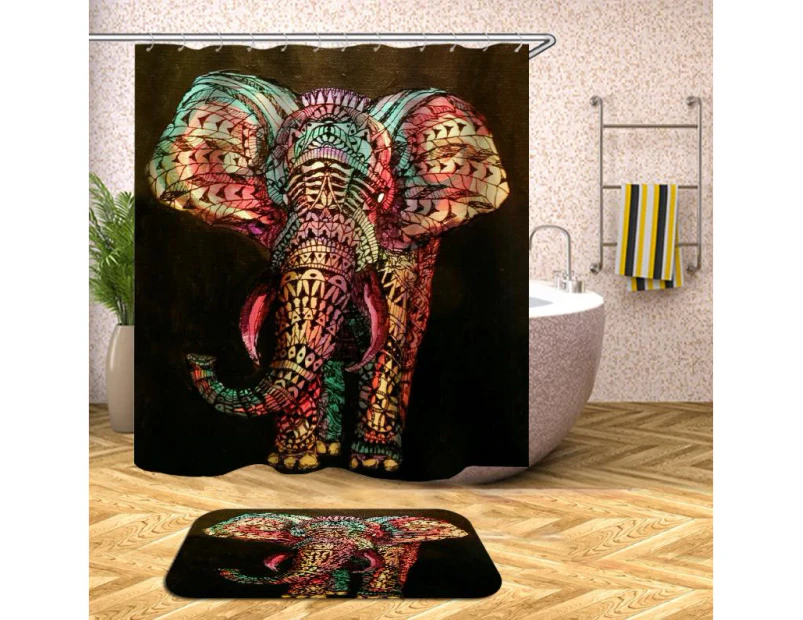 Colorful Oriental Elephant Shower Curtain and Bath Mat Set