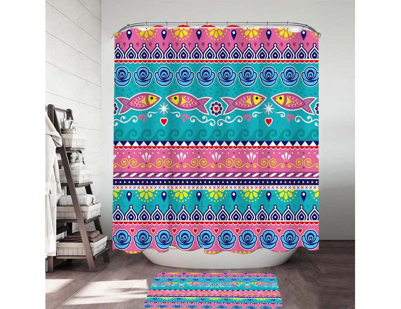 Multi Colored Oriental Fish Design Shower Curtain and Bath Mat Set