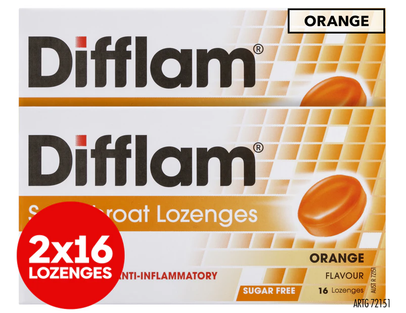 2 x Difflam Sugar Free Sore Throat Lozenges Orange 16 Drops