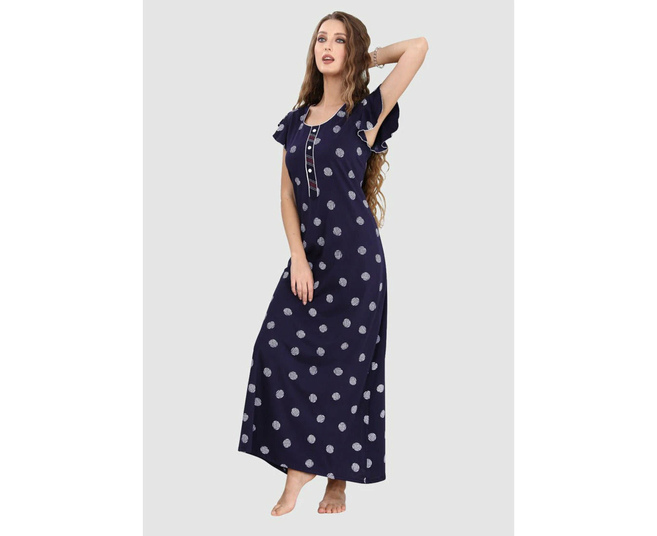 Sweet Dreams Long Cap Sleeeve Printed Pure Cotton Nighty in Navy