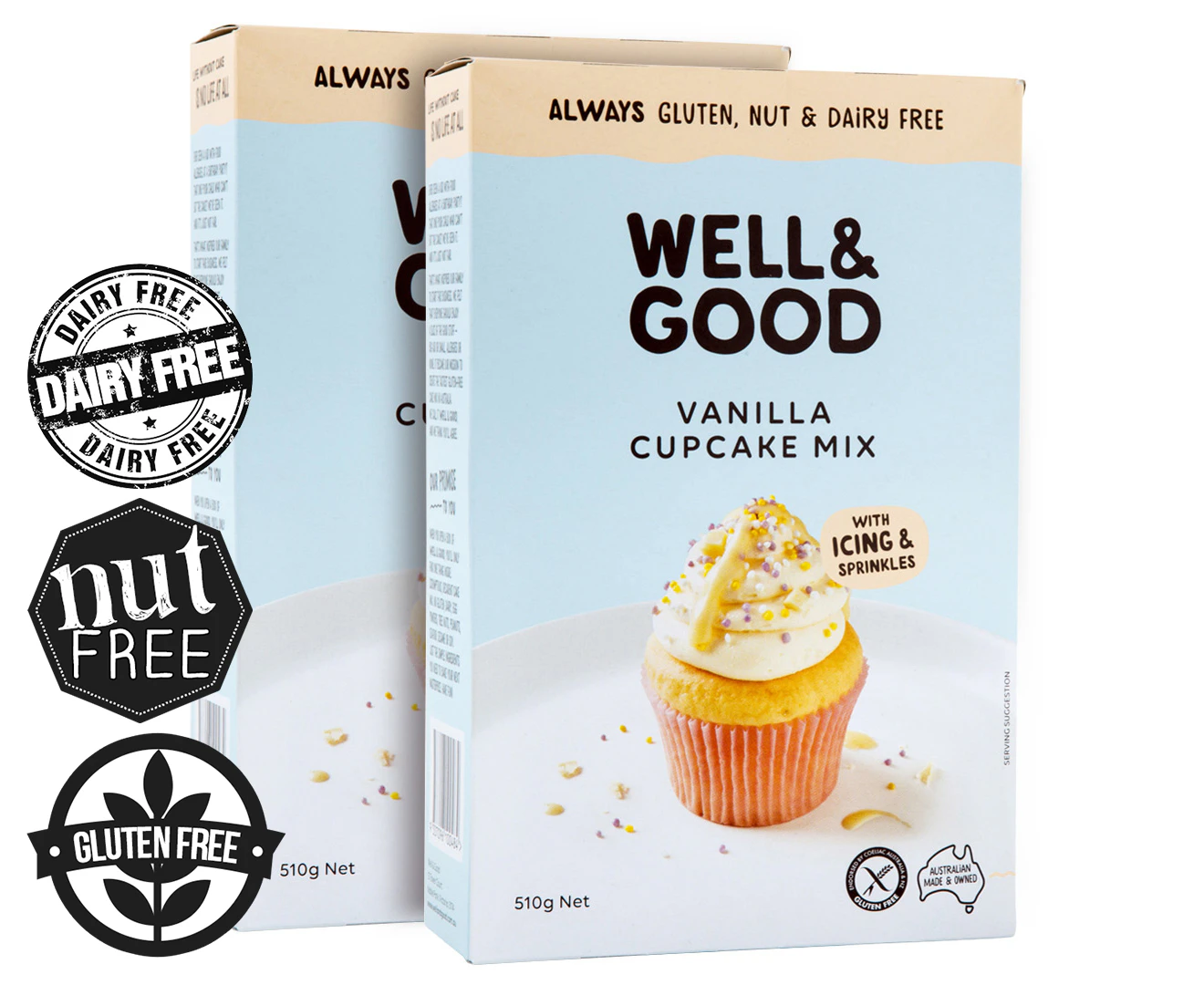 2 x Well & Good Gluten, Nut & Dairy Free Vanilla Cupcake Mix 510g