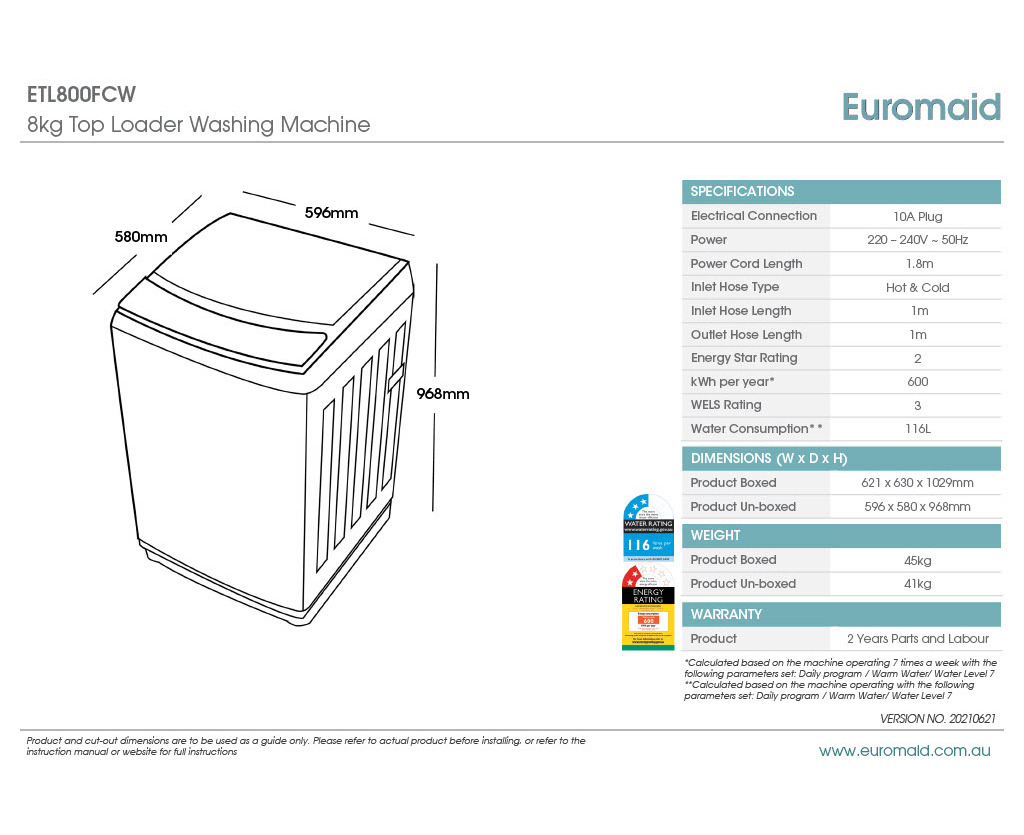 euromaid 8kg top load washing machine etl800fcw