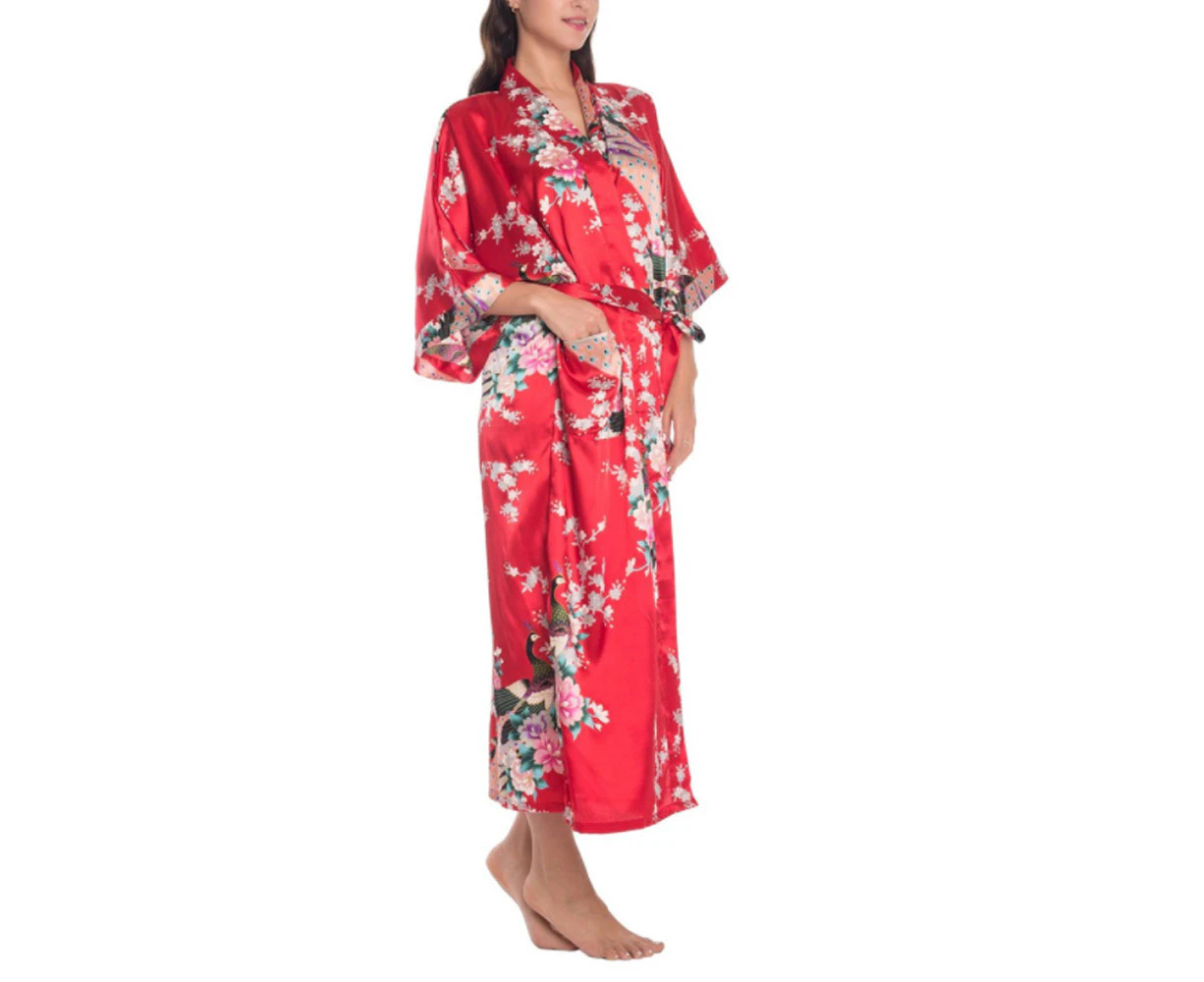 Soft silk Kimono Robe Dressing Gown - Red