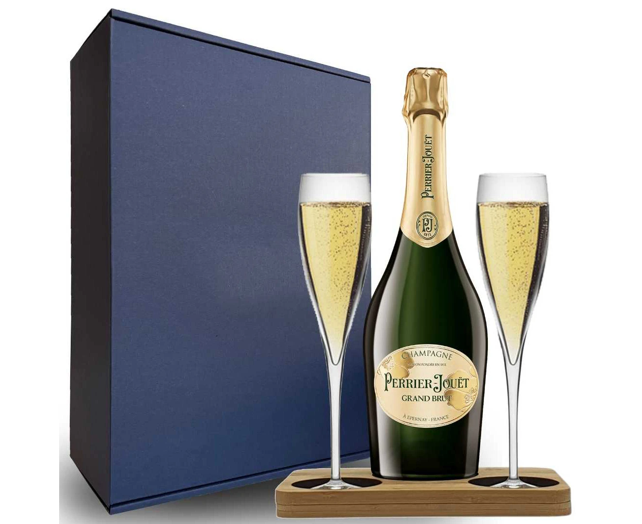 Perrier Jouet Champagne Hamper Box includes Presentation Stand and 2 Fine Crystal Champagne Flutes