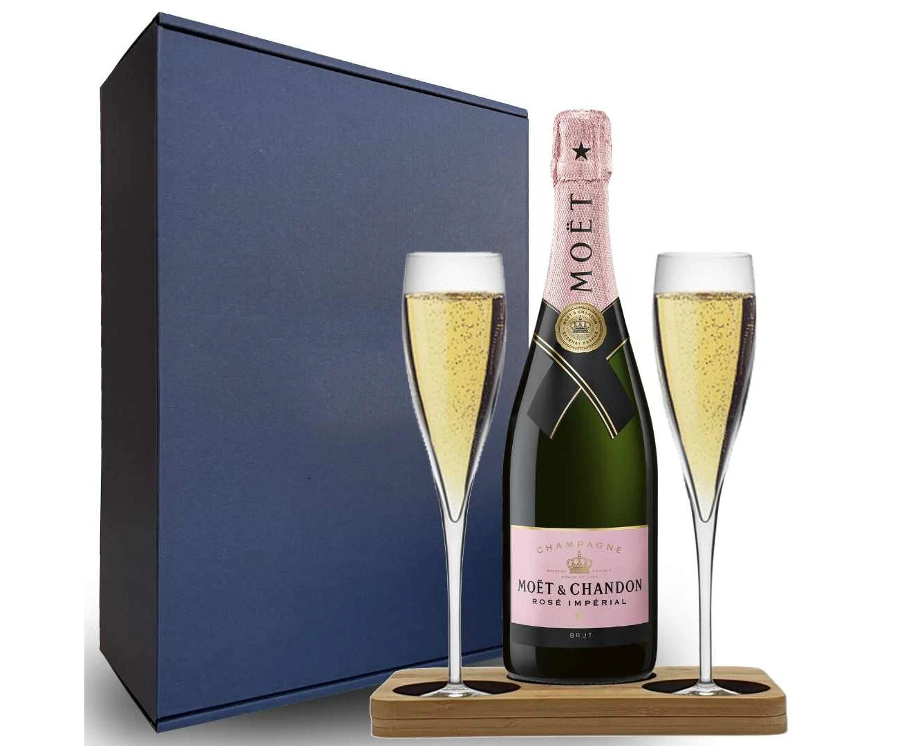 Moet & Chandon Rose Hamper Box includes Presentation Stand and 2 Fine Crystal Champagne Flutes