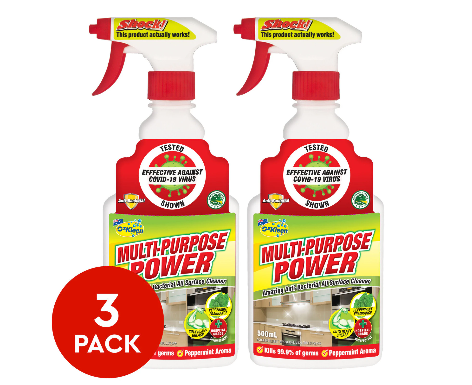 3 x Multi-Purpose Power 500mL Disinfectant & All Surface Cleaner