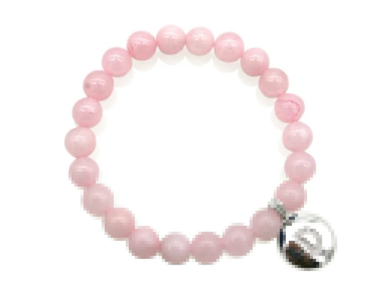 Natural Round Rose Quartz & Personalized Letter 'D' Platinum Plated with CZ Fine Jewelry Beads Stretch Bracelet