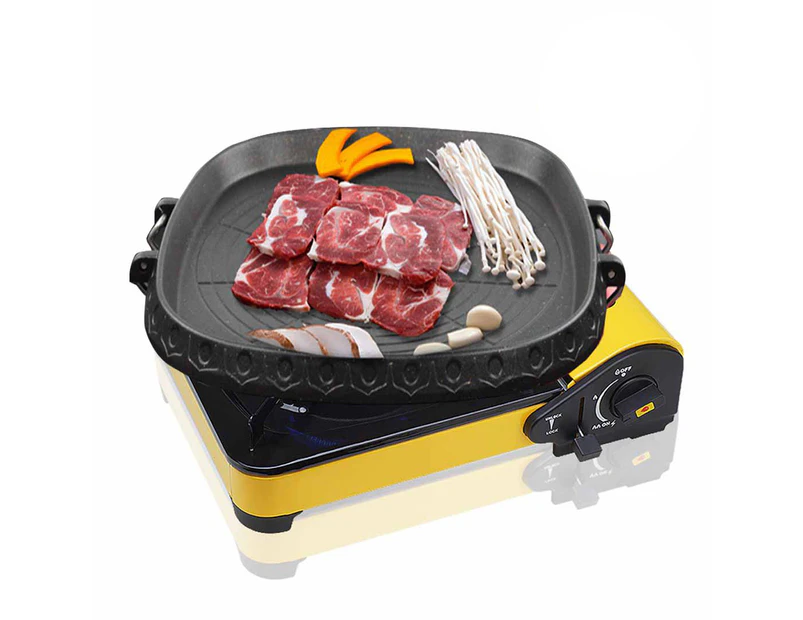 Portable Butane Stove Gas Burner Yellow with Korean BBQ Stone Grill Plate Square