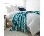 SOGA 220cm Blue Zigzag Striped Throw Blanket Acrylic Wave Knitted Fringed Woven Cover Couch Bed Sofa Home Decor