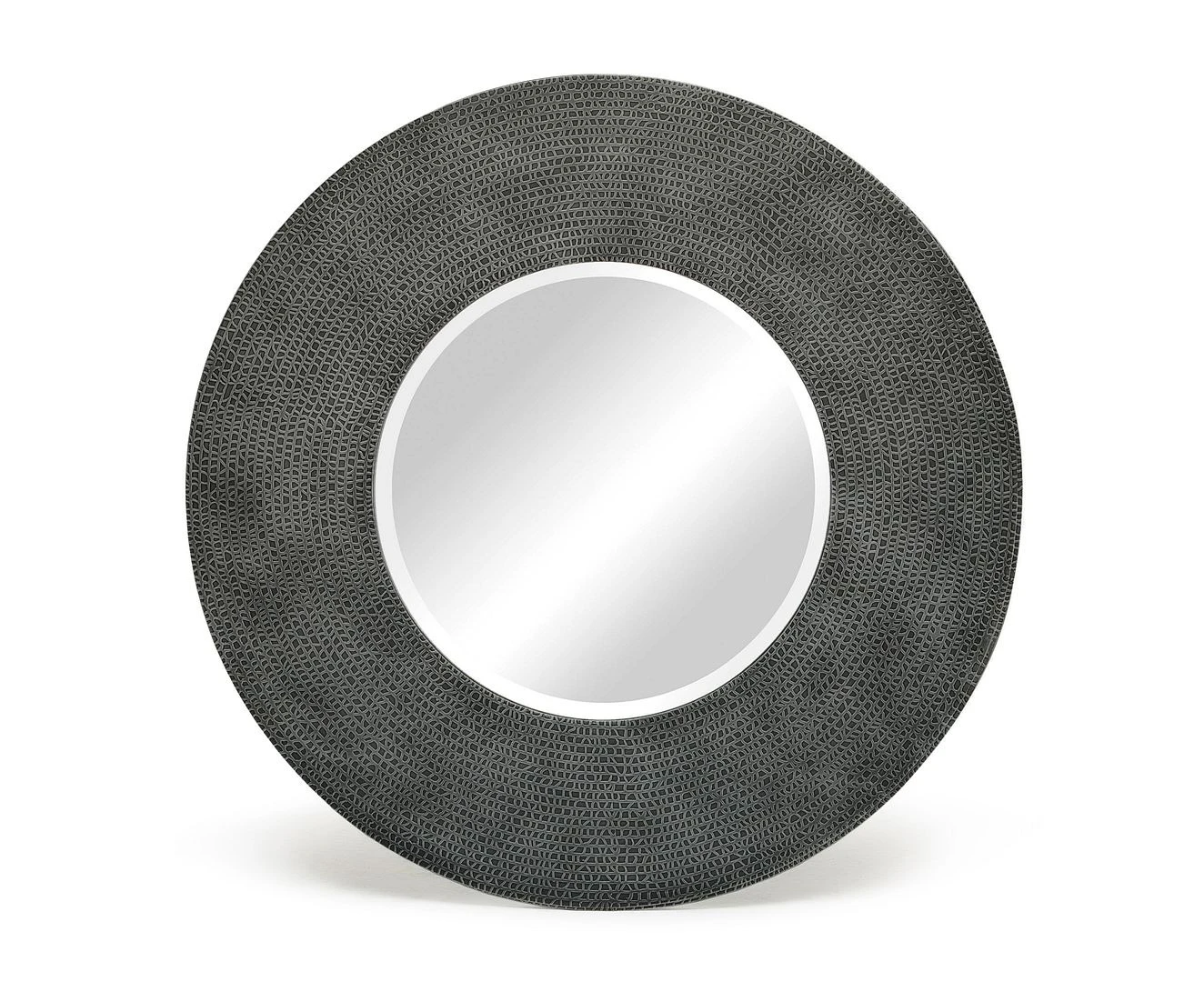 Round Black Silver Bevelled Wall Mirror with Iron Croc Pattern Frame