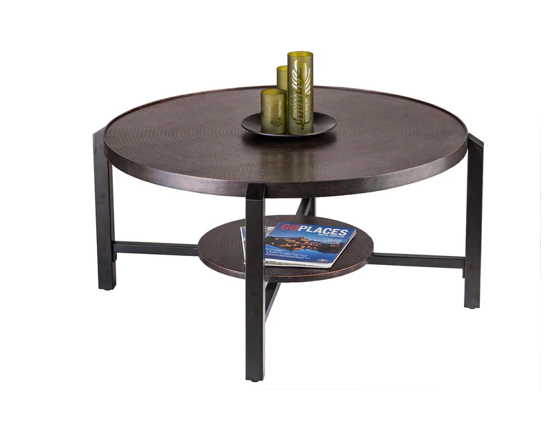 2 Tier Iron Coffee Table with Engraved Copper Finished Top